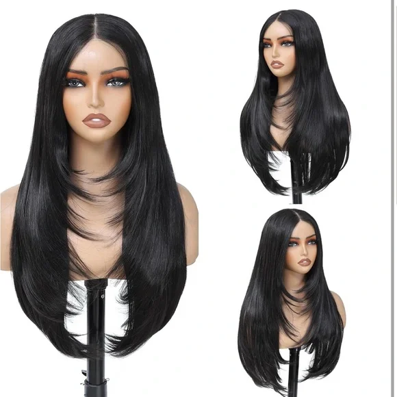 26” Black Wear and Go Glueless Wig with BangsLace Front Wigs for Women NEW